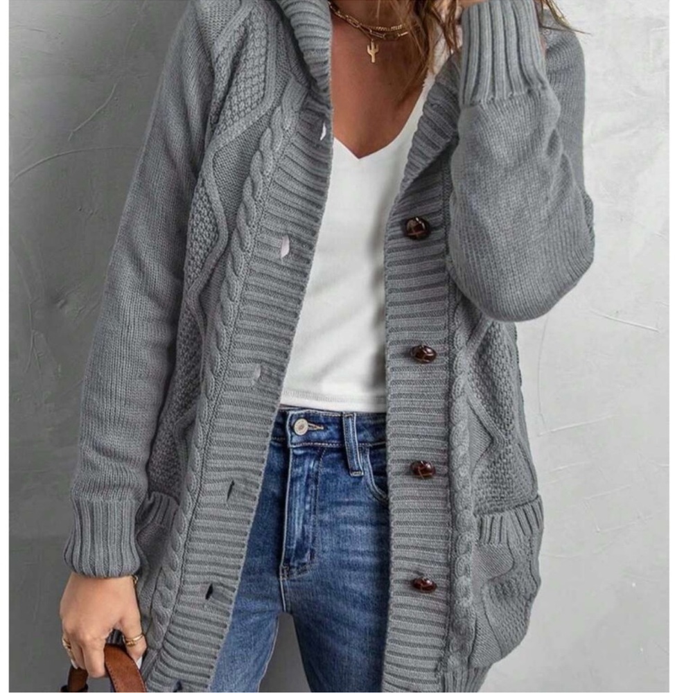 Cozy Gray Teddy Lined Cable Knit Hoodie Cardigan Jacket Shacket S M L XL XXL